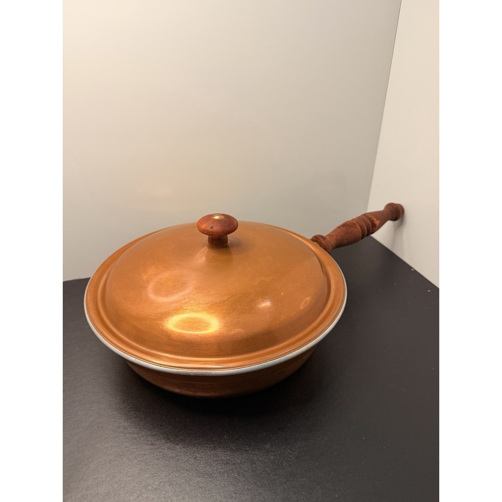 Vintage Copper Skillet Frying Pan with Lid & Wood Handle Aluminum Lining 9"